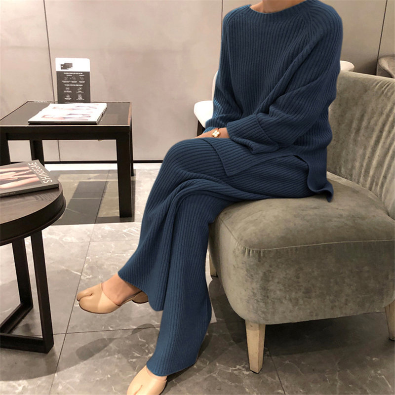 Office Lady Solid OL Brief Chic Split Sweaters+All Match Vintage Casual Wide Leg Pants Set 2 Pieces Sets 210421