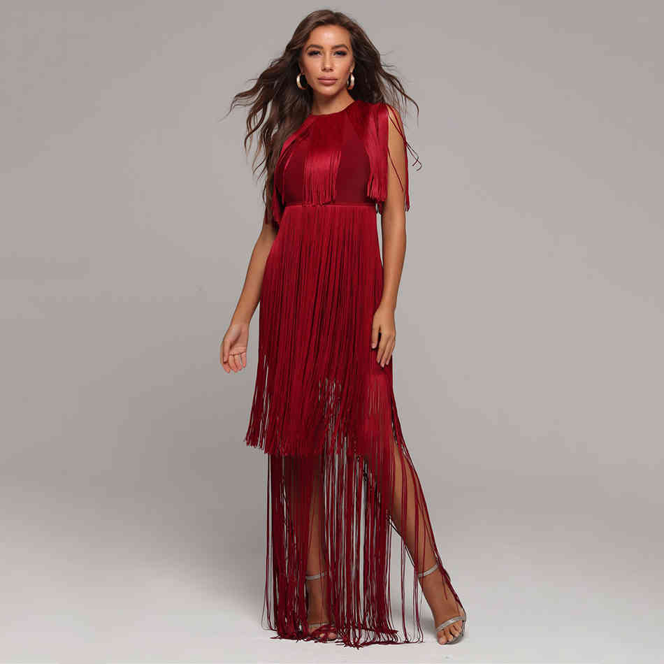 Free Women's Burgundy Fringed Bandage Dress Sexy Sleeveless Bodycon Long Celebrity Club Party Vestidos 210524