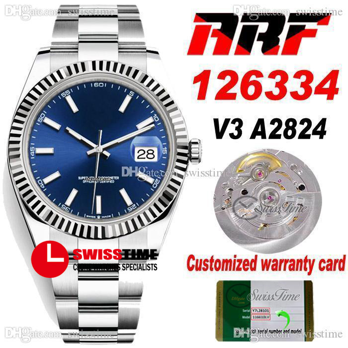 ARF V3 41mm ETA A2824 Automatic Mens Watch Fluted Bezel Blue Dial Stick Markers 904L Steel Case Bracelet Super Edition 2021 Same Series Warranty Card Swisstime E5, Tag label no watch)
ARF V3 41mm ETA A2824 Automatic Mens Watch Fluted Bezel Blue Dial Stick Markers 904L Steel Case Bracelet Super Edition 2021 Same Series Warranty Card Swisstime E5, Tag label no watch)