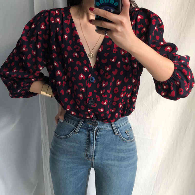 Shirts Women V Collar Office Blouse Heart Printed Tops and Blouses Vintage Elegant Blusas Femininas Summer 210519