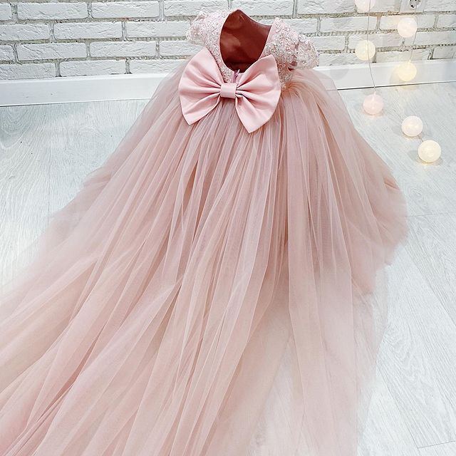 2021 Blush Pink Lace Flower Girl Dresses Ball Gown Beaded Backless Tulle Lilttle Kids Birthday Pageant Weddding Gowns