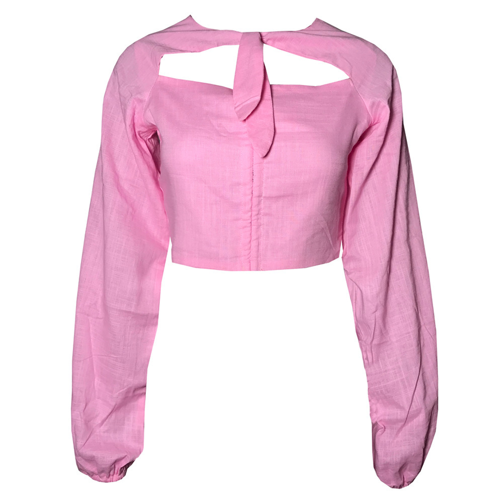 vintage lantern sleeve ruched blouse tops women autumn winter bowknot front cut pink crop chic blusa mujer 210427