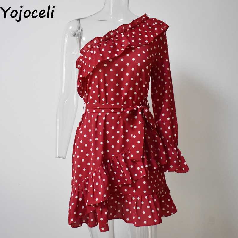 Yojoceli Elegant ruffle bow short dres Spring one shoulder polka dot female Beach cute sexy vestidos 210609