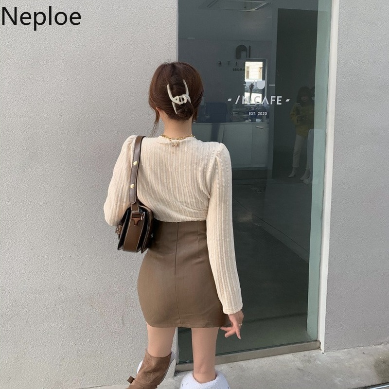 Neploe Sweet Puff Sleeve Knitted Pullovers Fall Woman Clothes Sweaters Square Collar Beading Jumper Tops Pull Femme 4G405 210422
