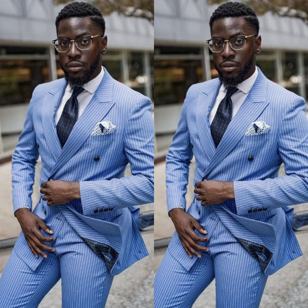 Two-Pieces Blue Stripe Men Business Suits Single Breasted Custom Made Slim Fit Groom Party Coat Tailored Work Wear