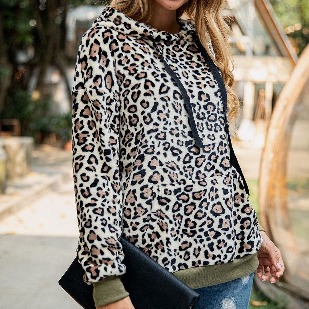 Women Loepard Prind Fleece Hoodies Vintage Loose Sweatshirts Autumn Winter Casual Pockets Fuzzy 210428