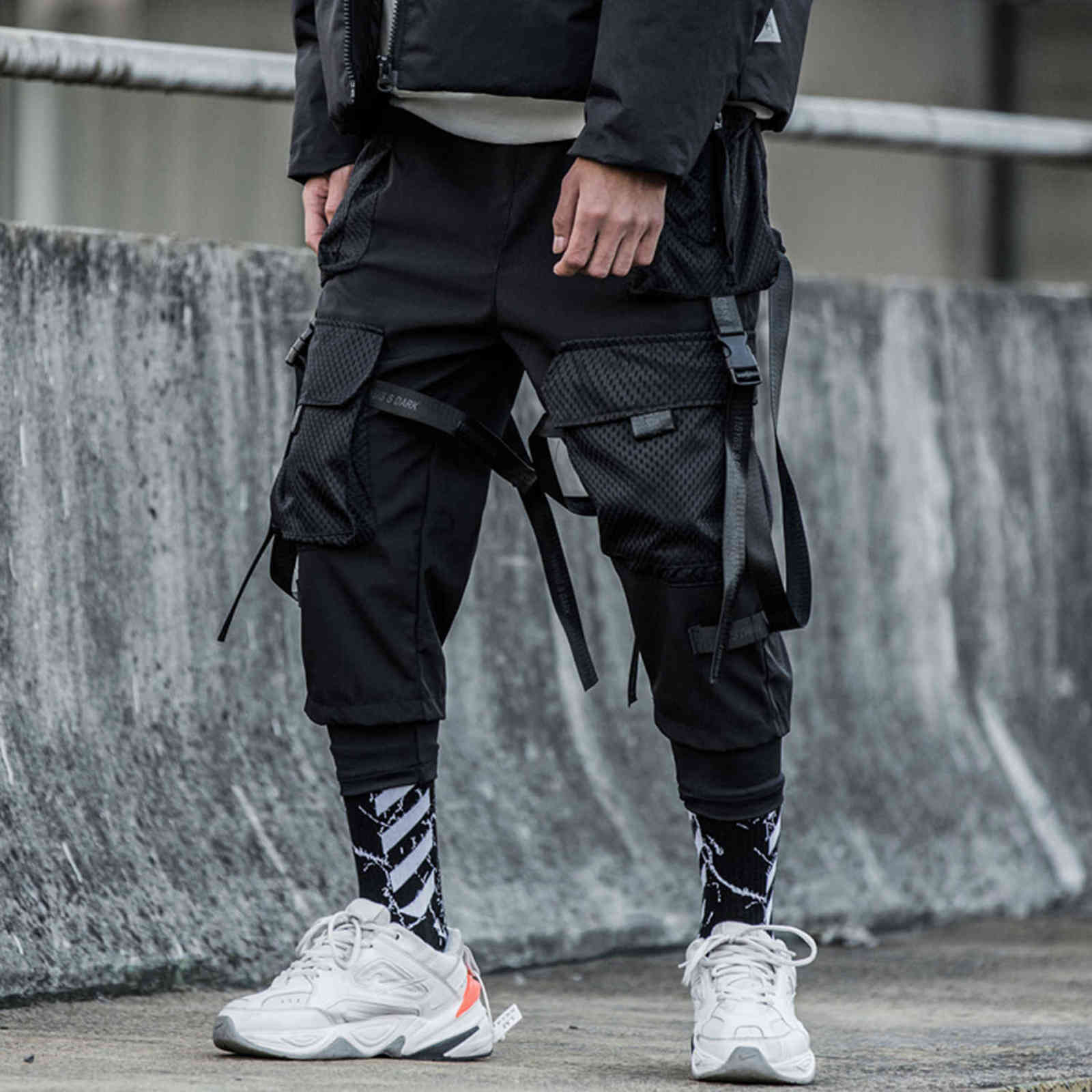 Ribbons Multi Pockets Cargo Pants Harajuku Casual Track Trouser Streetwear Techwear Pants Joggers Cyberpunk Men's clothes 211119