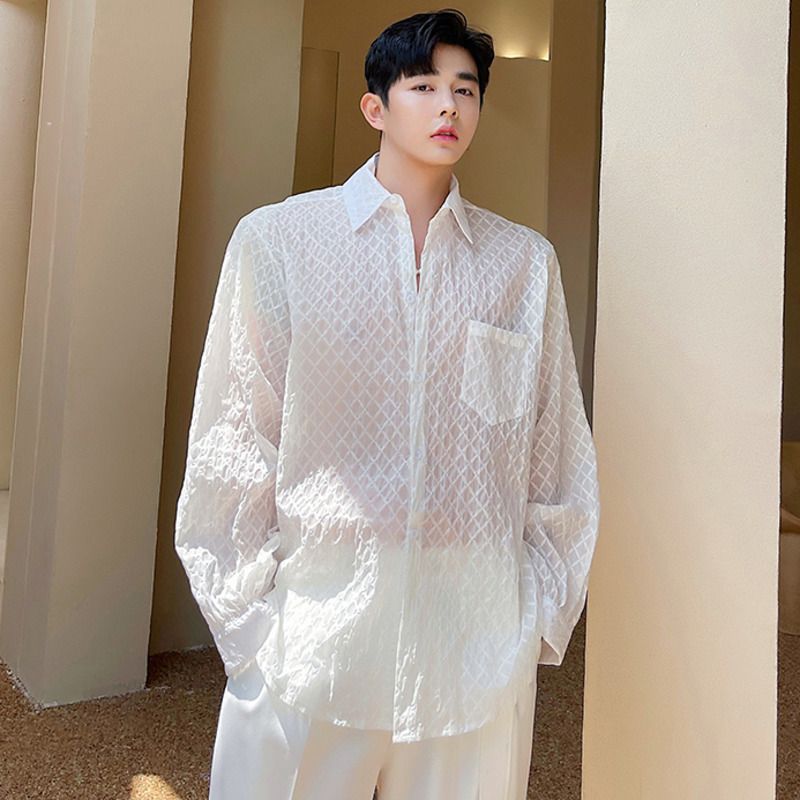 IEFB Men's Thin Sunscreen Shirt Long Sleeve Breathable Shirts Lapel See Through Oversized White Clothing Single Breasted 9Y7761 210524