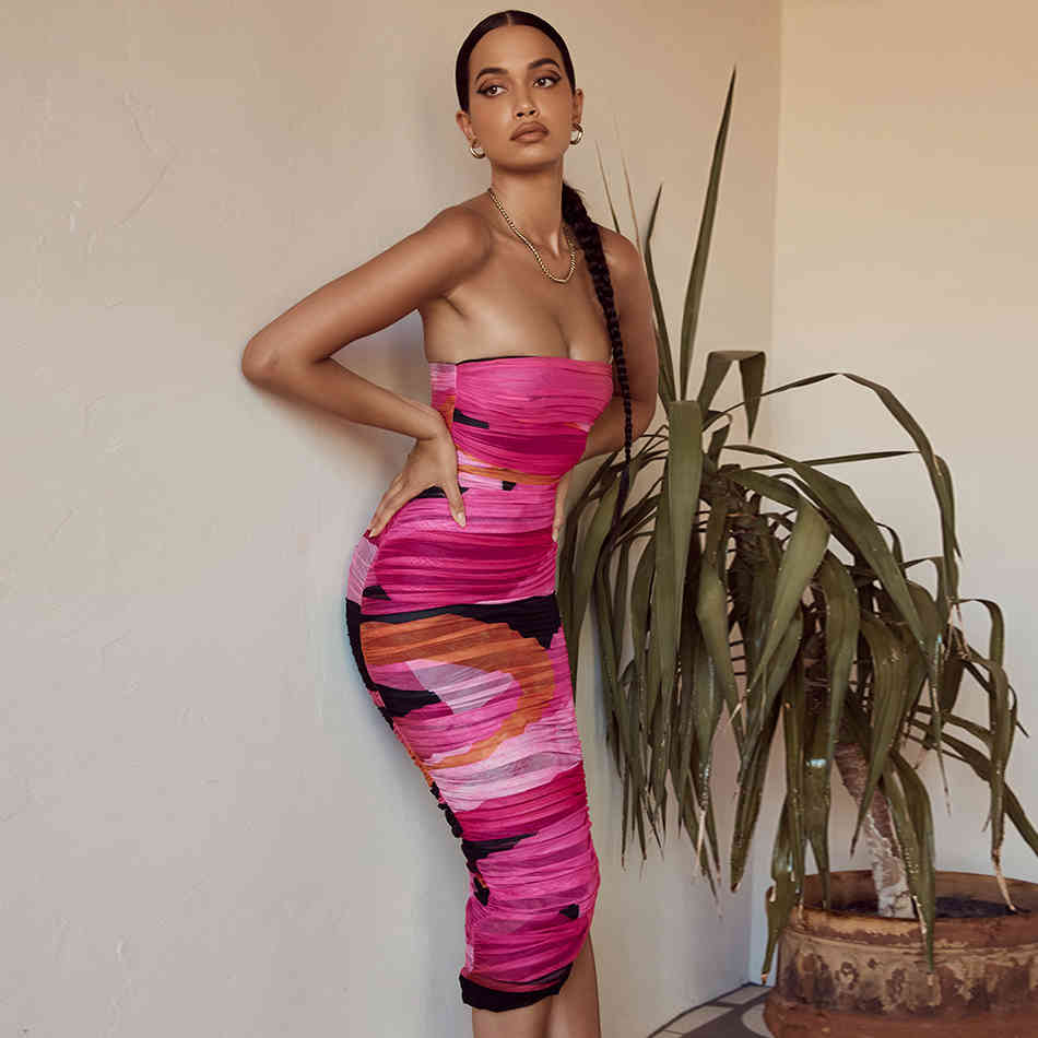 Free Summer Women Draped Printed Dress Sexy Tube Top Sleeveless Bodycon Halter Midi Club Party Vestido 210524