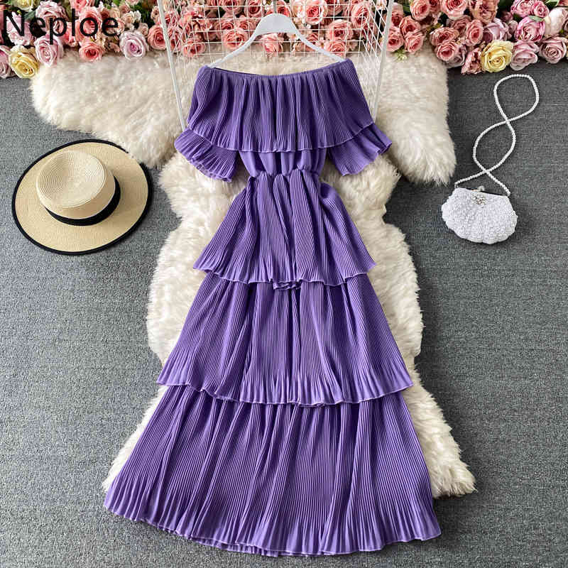 Neploe Women's Dress Slash Neck Pleated Long Vestidos Summer Sweet Ruffles Solid High Street Sexy Off Shoulder Thin Cake Dresses 210422