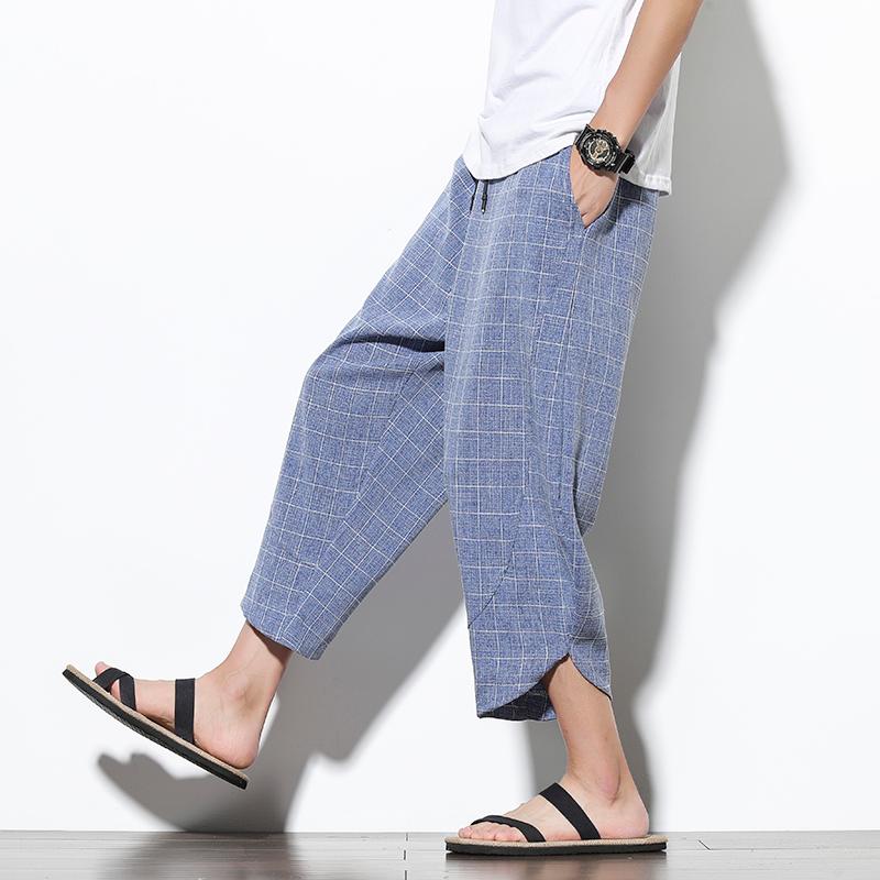 Ankle-Length Cotton Linen Plaid Pants Men Trousers Hip Hop Jogger Sweatpants Streetwear Harem Men's
