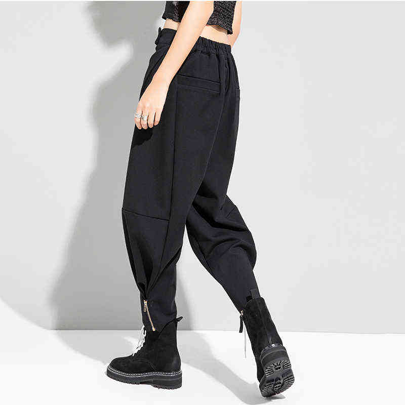 [EAM] High Waist Black Long Wide Leg Zipper Striped Trousers Loose Fit Pants Women Fashion Spring Autumn 1DD1519 211115