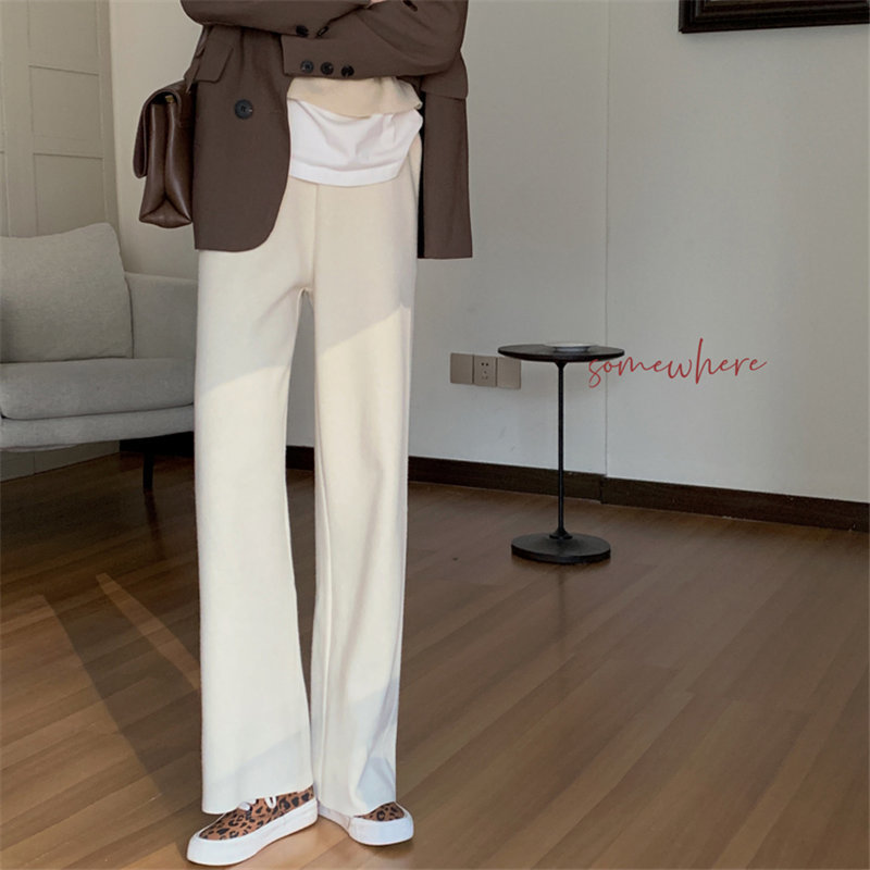 Apricot Solid Chic Woolen Straight Elegant Minimalist High Waist Pants Women All Match Casual Trousers 210421