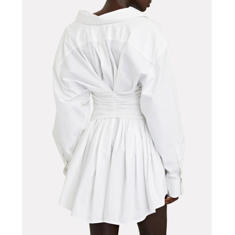 DEAT Women White Asymmetrical Folds A-line Single Breasted Dress New Round Neck Long Sleeve Slim Fashion Tide Summer 7E7925 210428