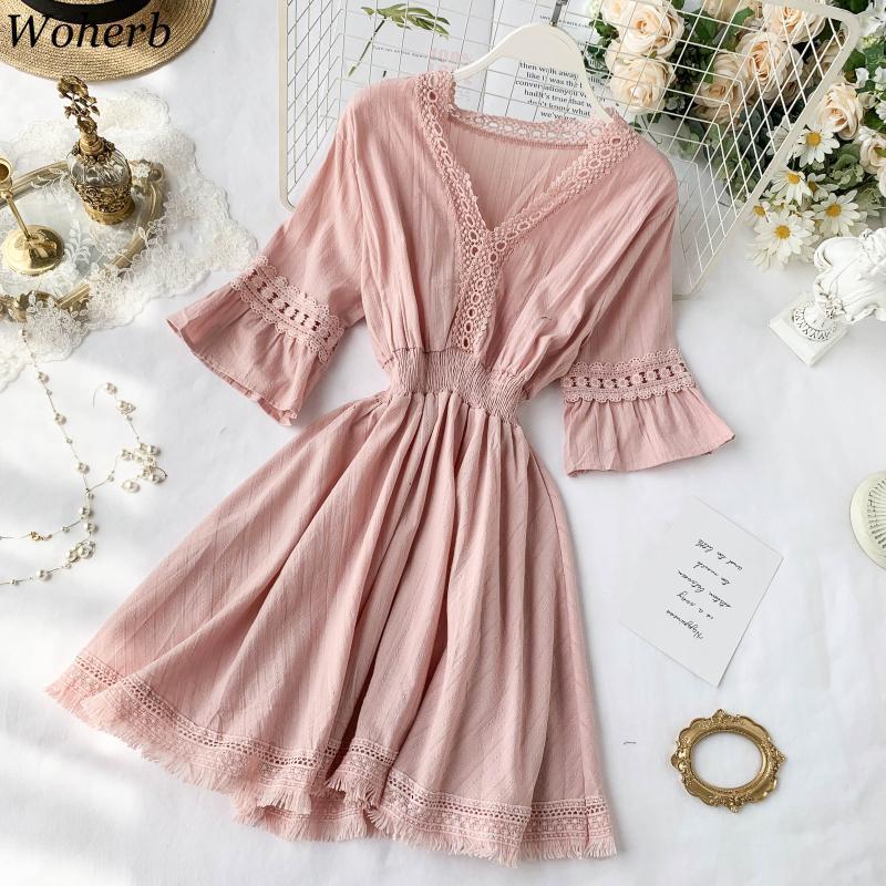 Woman Chic Dress Summer Vintage Hollow Out Tassel Dresses Elegant V-neck High Waist Short Sleeve Mini Boho Vestido 210519