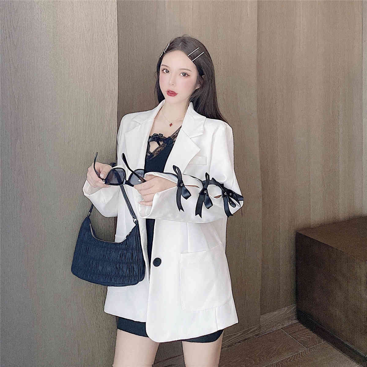 Nomikuma Women Blazer Coat Korean Bowknot Patchwork Hollow-out Suit Jacket Causal Notched Collar Long Sleeve Blazer Femme 6D395 210427
