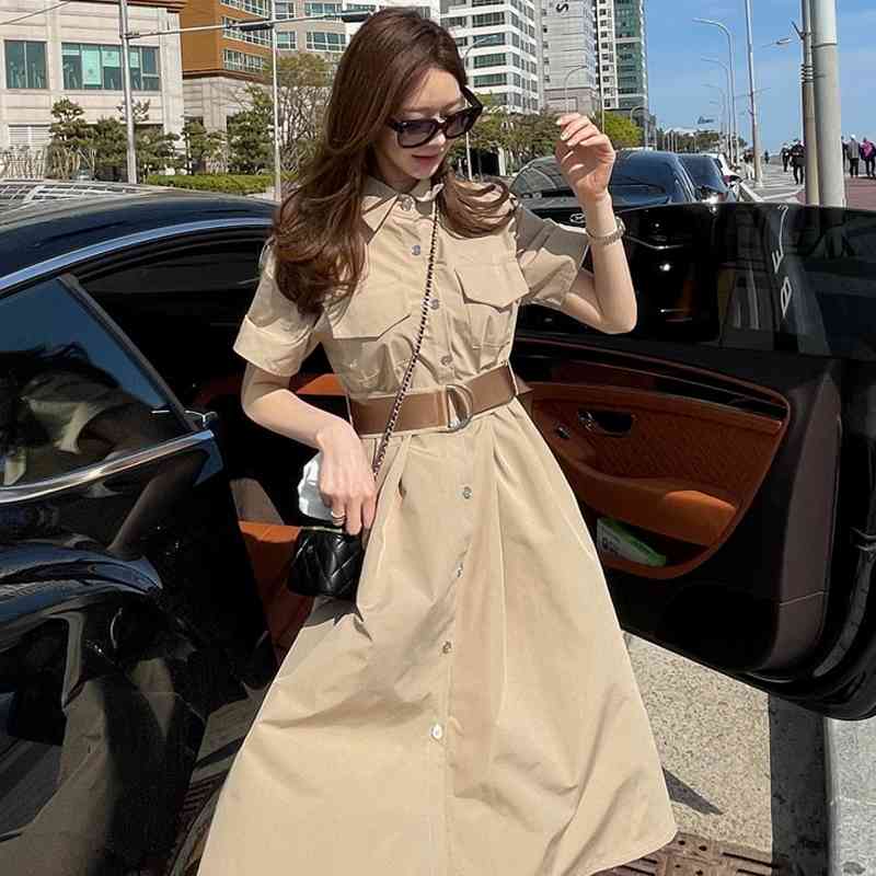 Summer Korea Style Casual Temperament Mid-Length Dress Fashion High Waist Big Swinging Khaki Dresses With Belt 210520