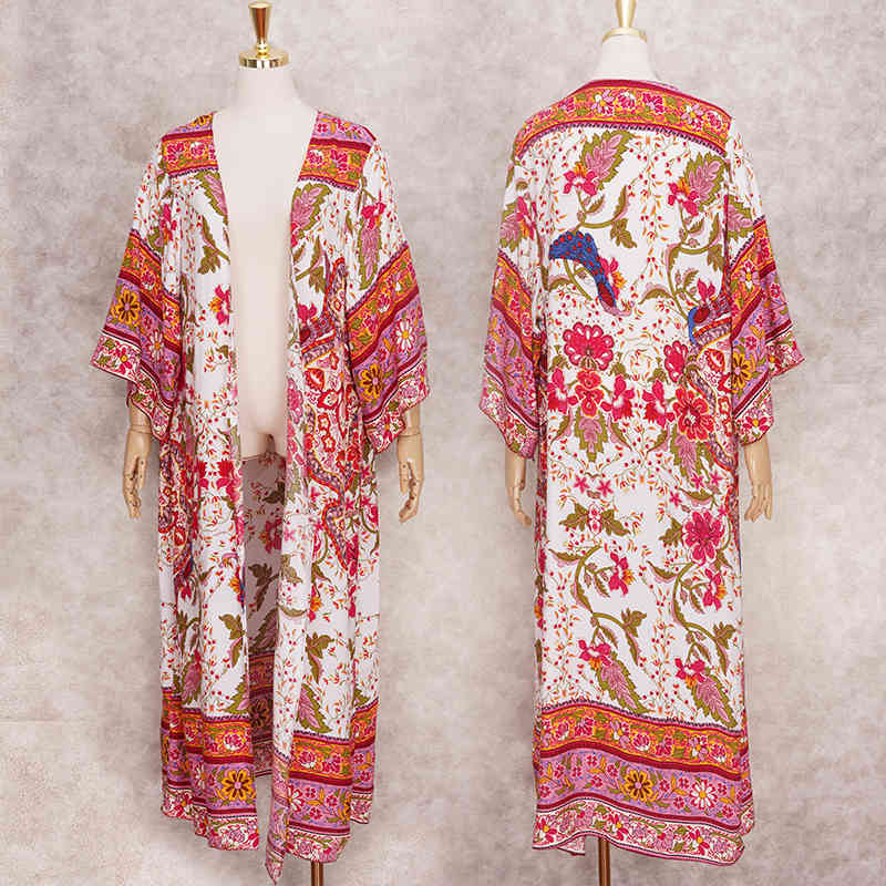 Boho Printed Bikini Wrap Cover-ups Sexy 3/4 Sleeve Summer Kimono Dress Women Plus Size Beach Wear Swim Suit Cover Up A855 210420
