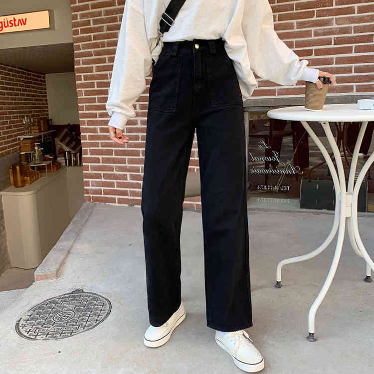 4Color SML spring autumn korean style loose women denim Pants Casual high waist Wide leg long denim jeans pants (F9013) 210423