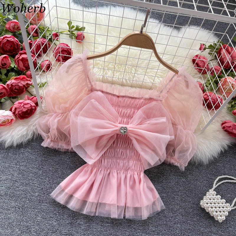 Rainbow Gauze Blouses Women Elegant Sweet Bow Blusas Mujer Puff Sleeve Square Collar Sexy Pleated Shirts Summer Crop Tops 210519