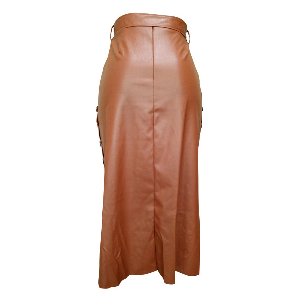 Autumn Winter PU Leather Skirt High Waist Solid Red Button Split Bodycon Elegant Work Business Office Wear Skirts 210510