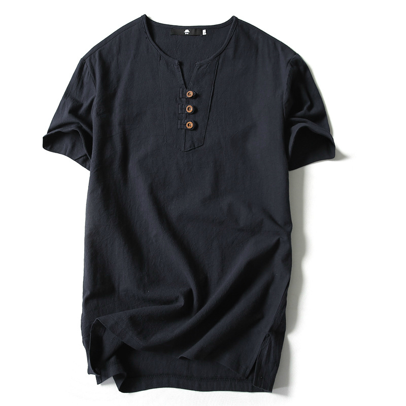 Men T Shirt Summer Cotton Tshirts Casual Short Sleeve Chinese Style Vintage V Neck Tees Plus Size Oversize Black White Tops 220309