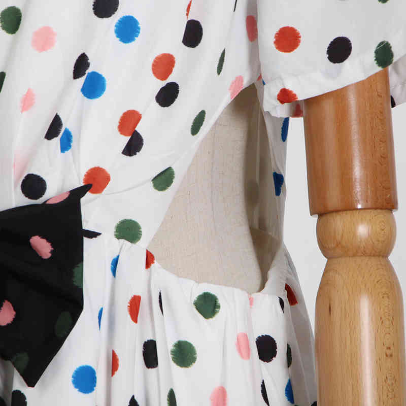 Dot Print Patchwork Bowknot Dress For Women Lapel Short Sleeve High Waist Casual Midi Dresses Female Fashion Summer 210520