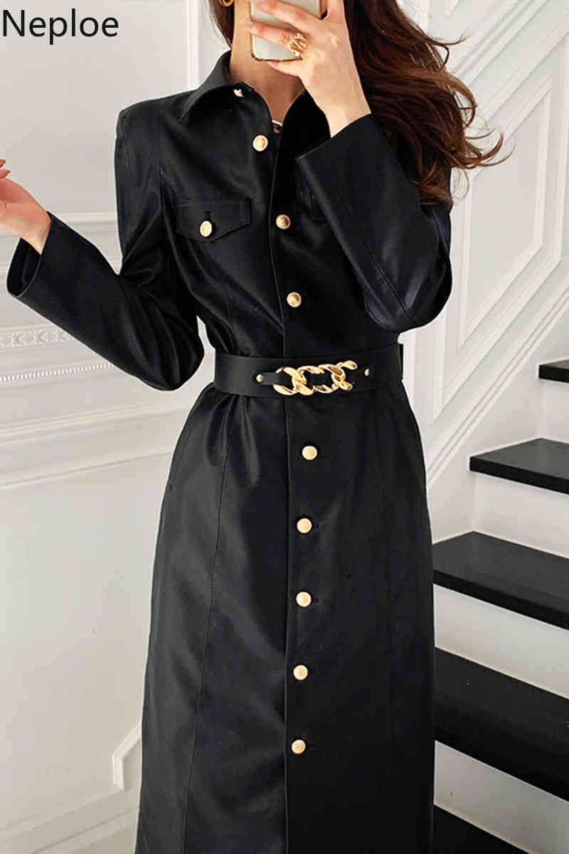 Neploe Korean Fashion Dress for Women Temperament Turn-down Collar Vestidos Single Breasted Belt PU Elegant Dresses Woman 4G320 210422
