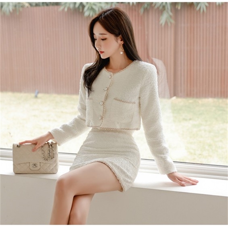 Autumn Winter Vintage Women Tweed Single Breasted Short Coat + Mini Skirt Outfits Suit Female Elegant Fashion 2 Piece Sets 210519