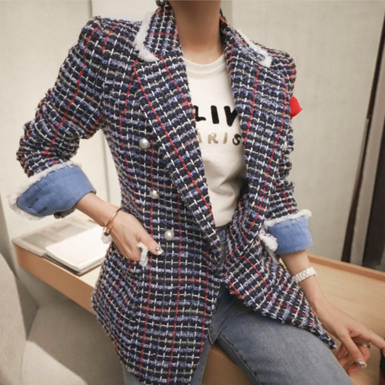 High Quality Winter Women Plaid Tweed Coat Office OL Wool Blends Double Breasted Long Sleeve Jacket Casaco Feminino 210518