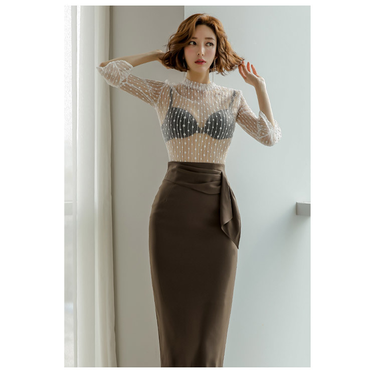 Spring two piece set women Sexy Perspective white Half sleeve shirt+high waist OL office Package hip Bodycon skirt suits 210519