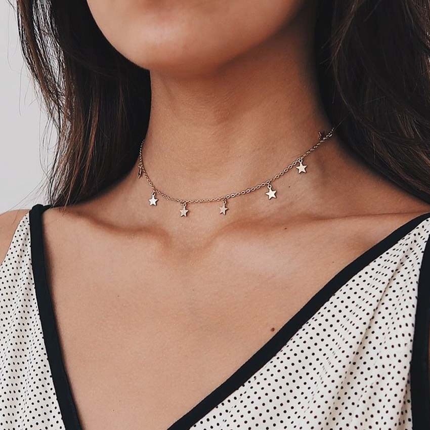 Star Choker Necklaces jewelry Disc Coin Pendant Handmade Simple 14K Gold Plated Silver Delicate Dainty Stars and Bead Chain Chokers