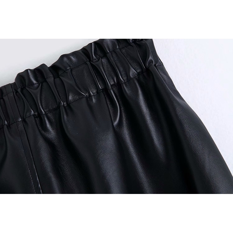 Women Black Bow Tie Pu Leather Skirt Elastic High Waist Elegant Ladies Front Split Buttons Midi Office s Faux 210515
