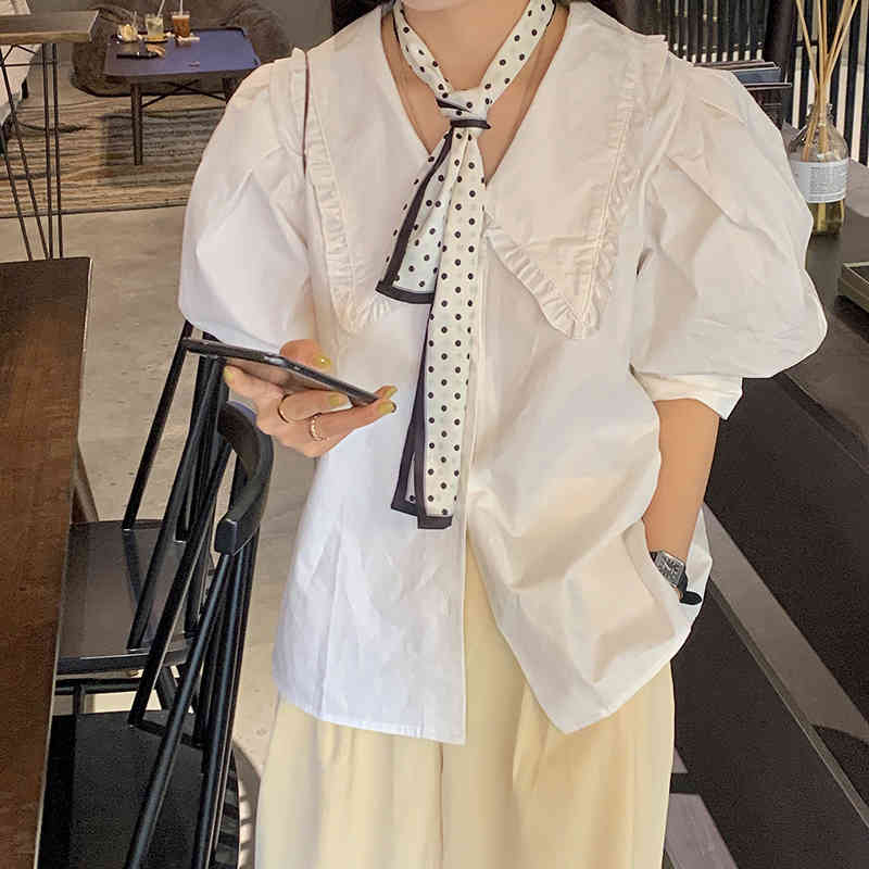 Nomikuma Women Blouse Chic Puff Short Sleeve Tops Causal Peter Pan Collar Blusas Femme Sprign Summer Korean Shirts 6G131 210427