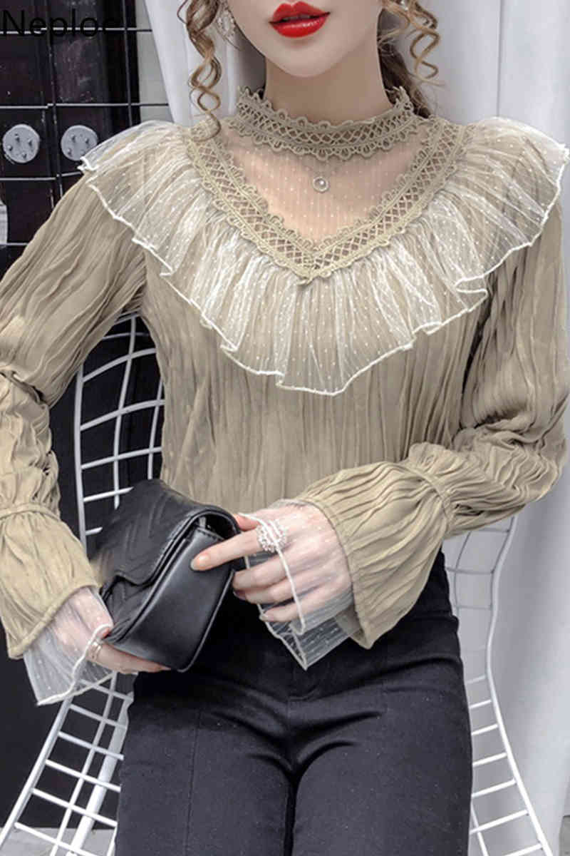 Neploe Stand Neck Hollow Out Blouse Women Gauze Patchwork Lace Tops New Fashion Ruffles Temperament Shirt Blusas Mujer 210422