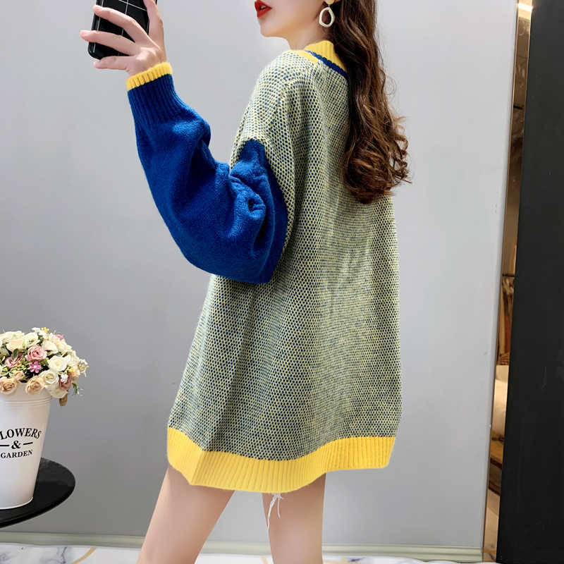 H.SA Women Winter Sweater Pullovers V neck Patchwork Purple Haraju Jumpers Oversized Knit Loose Knitwear Twisted Winter Sweaters 210716