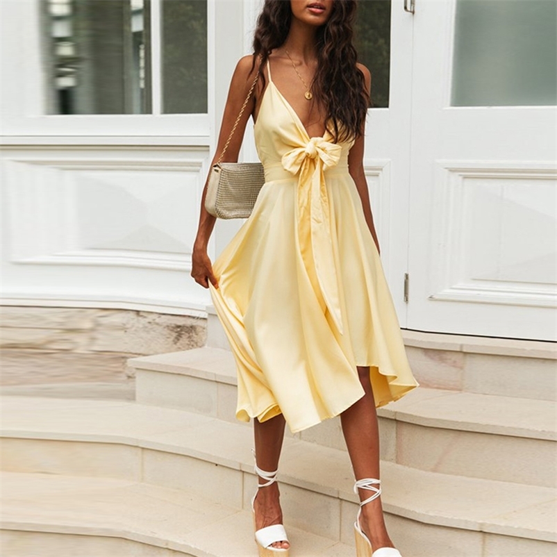 Foridol Bownot Front Women Summer Bohemian Beach Dress Famale Casual Yellow Maxi Long Dress Sundress New Vestidos Mujer 210415