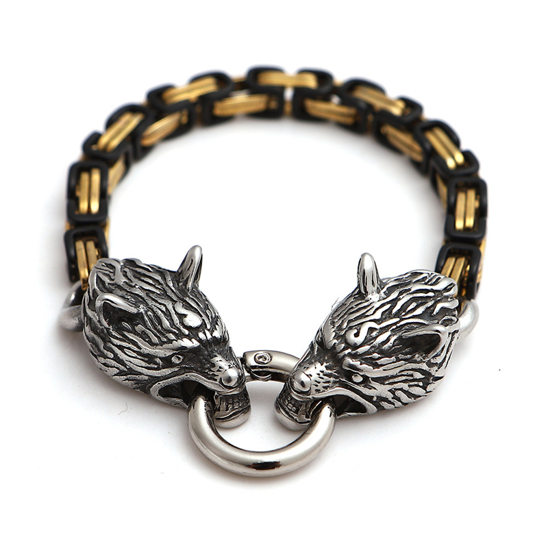 Norse Viking Wolf Head Bracelet Men Never Fade Stainless Steel Gold Square King Chain Bangles Street Culture Accessories Jewelry