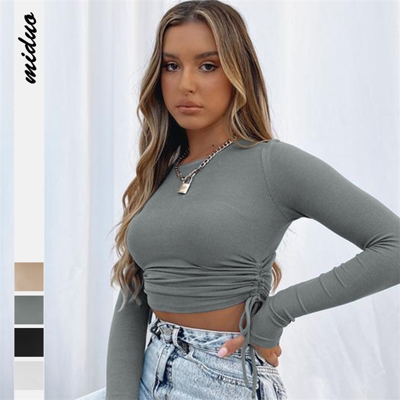 New solid color drawcord round neck long sleeve short open navel T-shirt street fashion brand thread top, Gstj020
New solid color drawcord round neck long sleeve short open navel T-shirt street fashion brand thread top, Gstj020