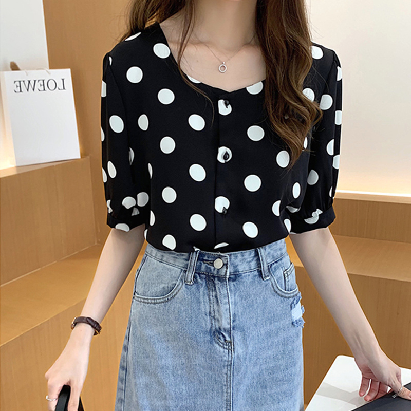 QOERLIN M4XL Summer Style Retro Polka Dot Chiffon Shirt Women Short Sleeve Single Breasted White Black Shirt Femme Big Size 210412