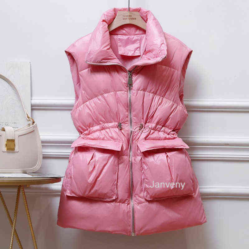 Janveny Winter Down Vest Women Mid-Length Slim Waistcoat 90% White Duck Down Jacket Female Gilet Sleeveless Windproof 211105
