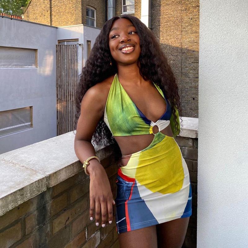 Casual Dresses Club Wild Contrast Hollow Out Woman Summer Sexy Bodycon Patchwork Street Wear Low-cut Halter Beach Dress 2021