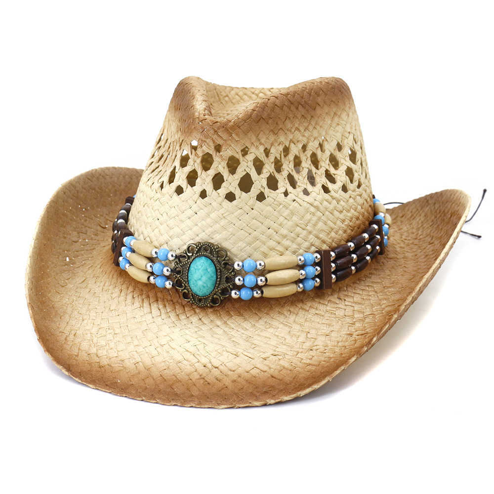 Men Natural Straw Western Cowboy Hat Handmade Weave Curling Brim Cowgirl Summer Hats Sombrero Cap Q0805