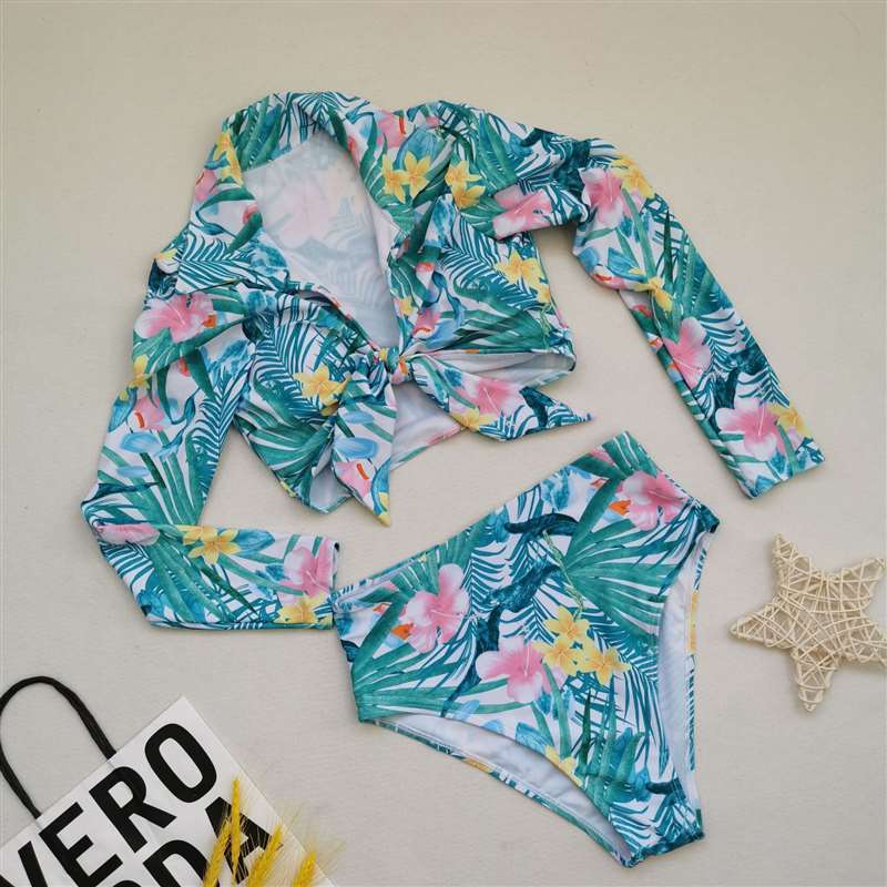 Sexy Plus Size Swimwear Women Leaves Print Bikini Long Sleeves Swimsuit Female High Waisted Bathing Suits Summer Beach Wear 210520