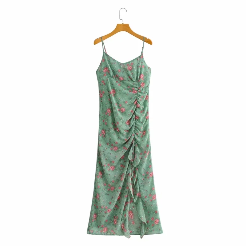Foridol Floral Print Summer Maxi Dress Polka Dot Sleeveless Green Slit Ruffle Dress Backless Ruched Chiffon Dress Sundress 210415
