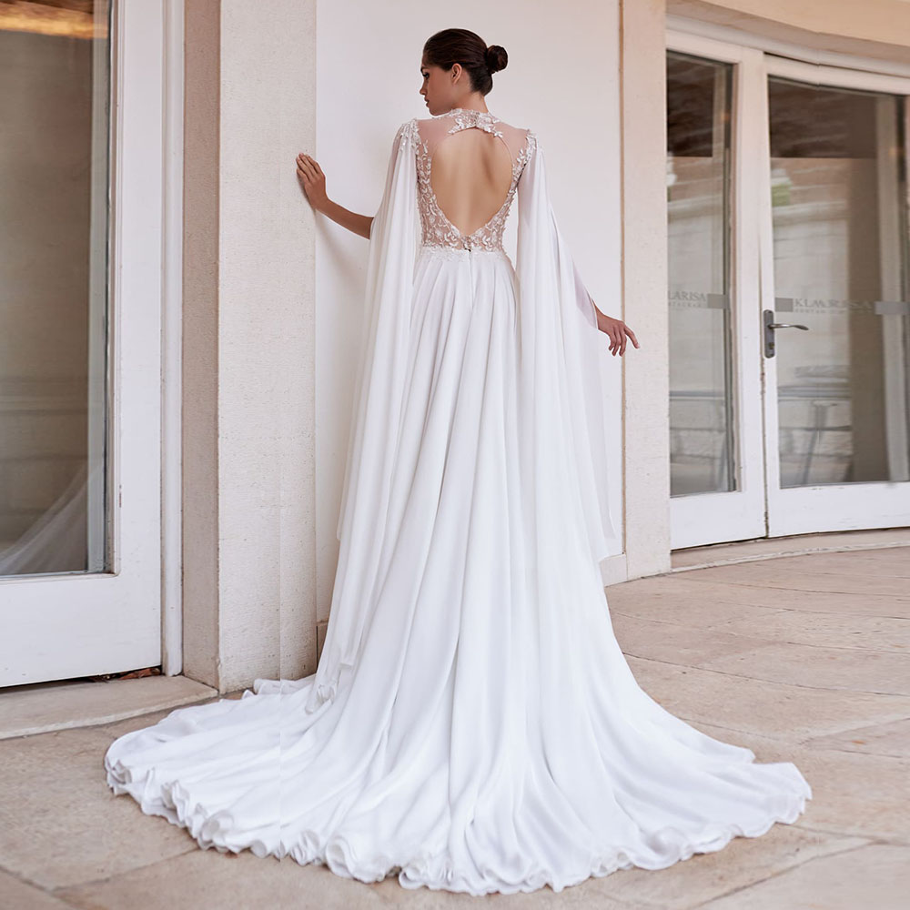 Gorgeous A Line Bridal Gowns High Neck Long Sleeve Ruched Chiffon Wedding Dresses Custom Made Sweep Train Vestidos De Novias
