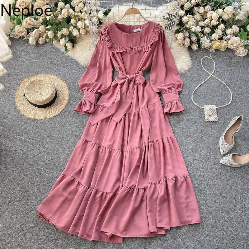 Neploe Sweet Dress Women O Neck Puff Sleeve Ruffles Slim Dresses Beach Holiday Chic Bow Robe Temperament Maxi Vestidos 210422
