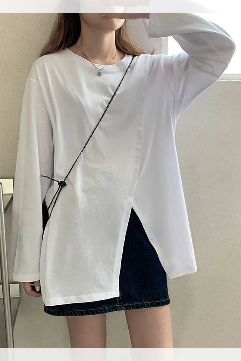 Spring and Summer Fashion Casual Loose Women's T-shirt Round Neck Cotton Side Slit Long-sleeved 210615Z