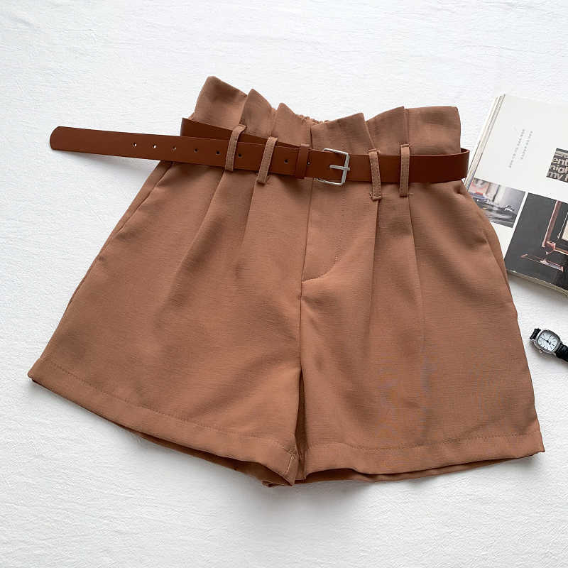 Summer Elegant Shorts Women Korean Belt High Waist Short Fashion Solid Wide Leg Bottoms Mujer 6G187 210603
