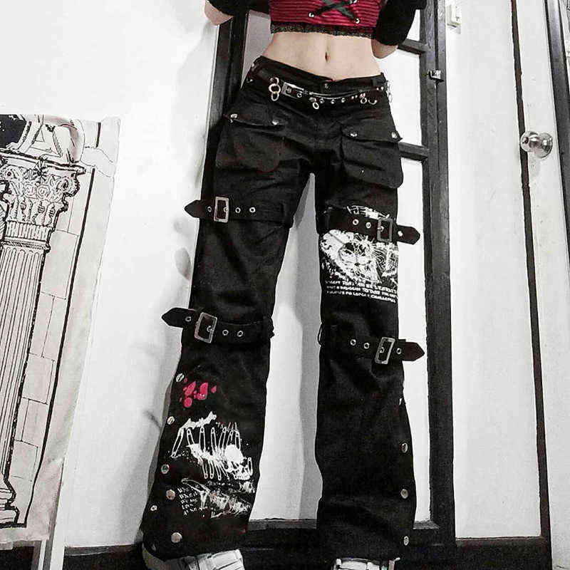 Punk style printed low-rise jeans women's gothic fashion overalls with buckle pocket retro denim trousers y2k 211129